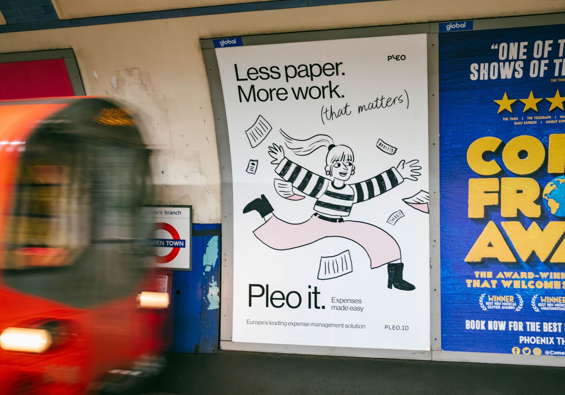 Pleo poster advertising beside a moving London Underground train